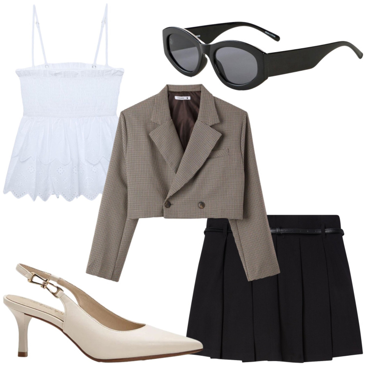 Outfit donna - Casual. Stile Casual per Tutti i giorni. Abbinamento con minigonne, blazer, canottiere, décolleté, occhiali da sole.