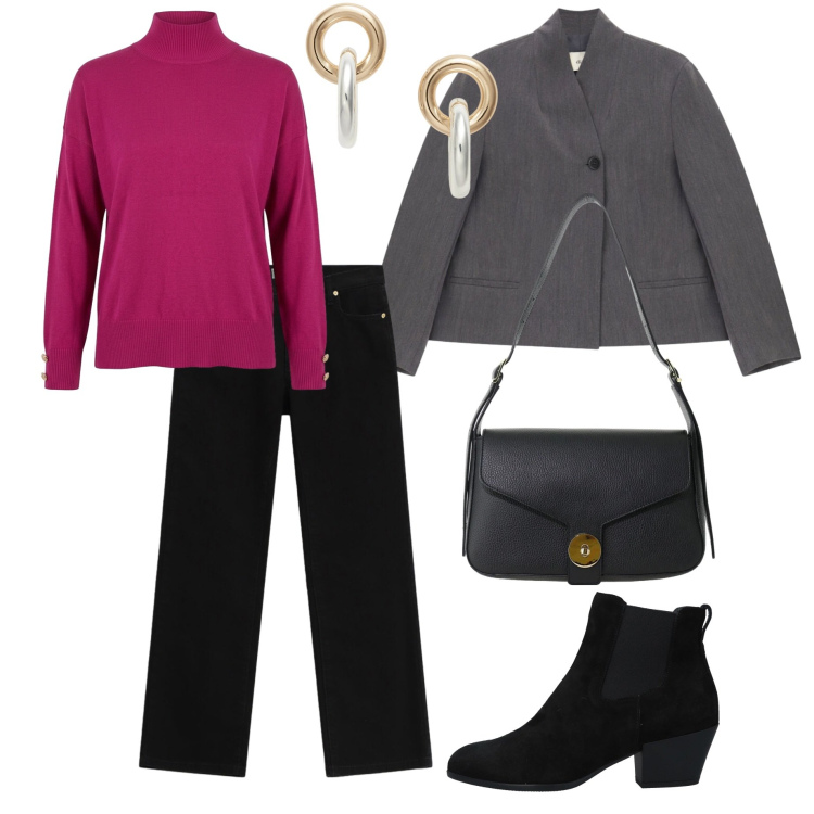 Outfit donna - Weekend città d'arte e aperitivo serale. Stile Urban per Tutti i giorni. Abbinamento con borse a spalla, pantaloni, orecchini, blazer, pullovers, stivaletti chelsea.