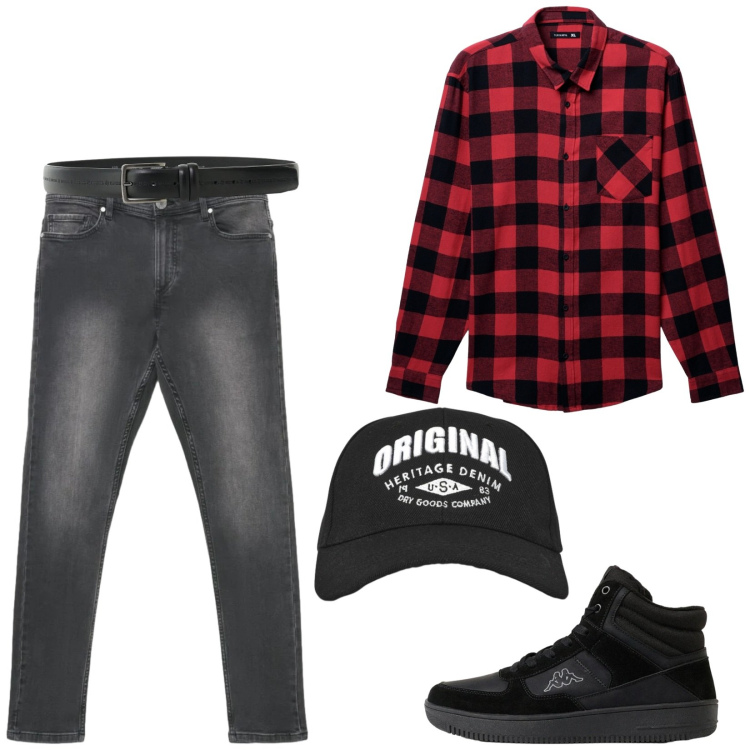 Outfit uomo - Total look #2493021. Stile Trendy per Tutti i giorni. Abbinamento con cinture, camicie, cappelli con visiera, jeans skinny, sneakers alte.