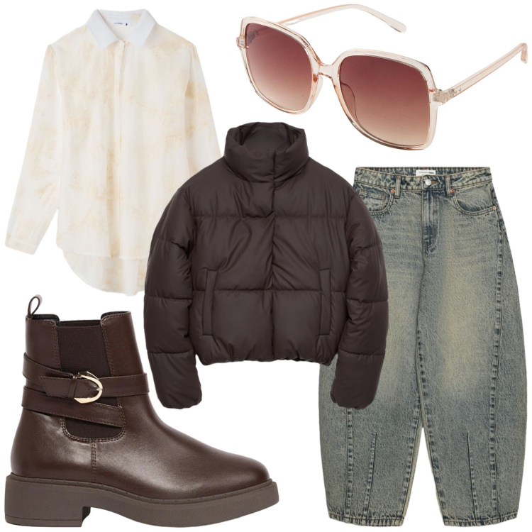 Outfit donna - Baggy is in. Stile Casual per Tutti i giorni. Abbinamento con jeans, camicie, piumini, stivaletti, occhiali da sole.
