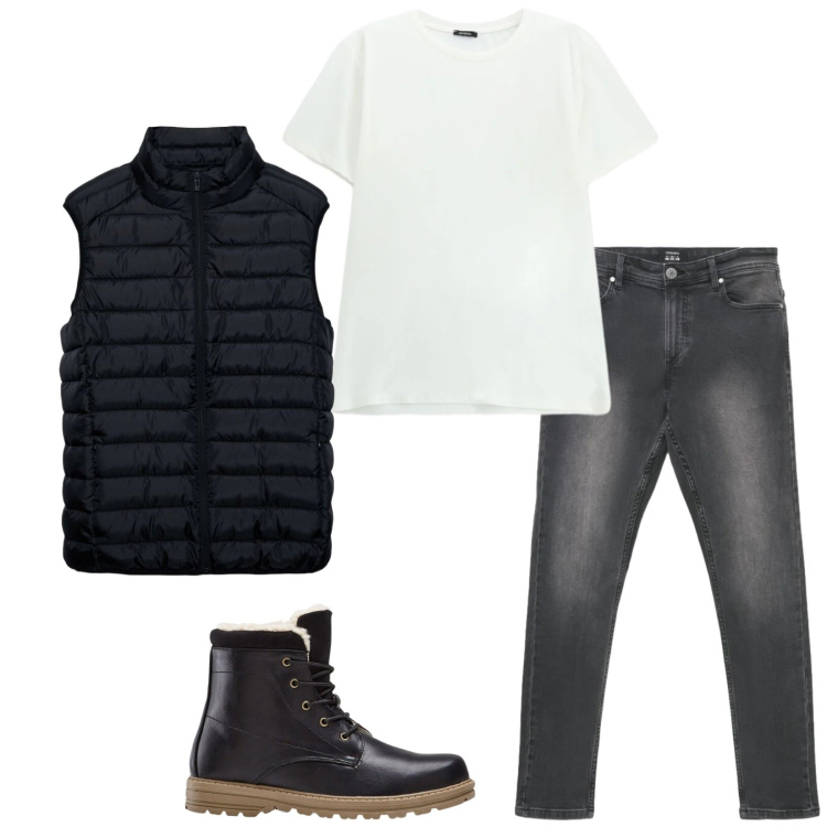 Outfit uomo - Total look #2493023. Stile Trendy per Tutti i giorni. Abbinamento con t-shirt, piumini, jeans skinny, stivali e stivaletti.