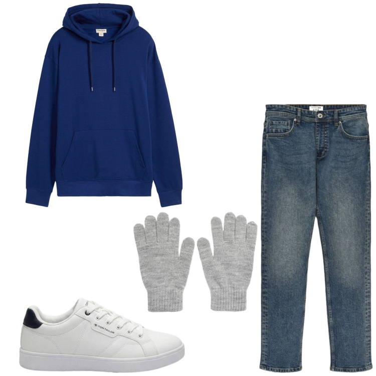 Outfit uomo - Total look #2493029. Stile Casual per Tutti i giorni. Abbinamento con jeans, guanti, felpe con cappuccio, sneakers.