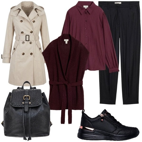Outfit donna - weekend fuori porta. Stile Casual chic per Tutti i giorni. Abbinamento con trench, pantaloni, sneakers, maglieria, zaini, bluse.