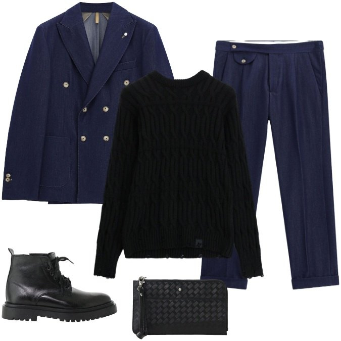 Outfit uomo - Urban Sartorial Twist. Stile Urban per Serata speciale. Abbinamento con pantaloni, maglieria, anfibi, giacche, portafogli.