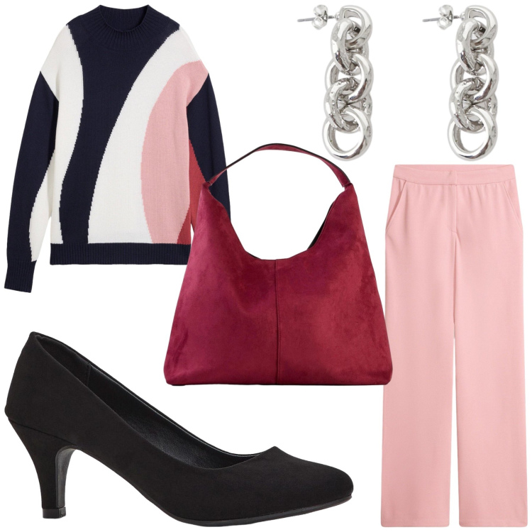 Outfit donna - I’m built for. Stile Casual per Tutti i giorni. Abbinamento con orecchini, décolleté, borse a spalla, maglieria, pantaloni.