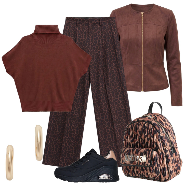 Outfit donna - Weekend al lago. Stile Casual per Tutti i giorni. Abbinamento con pantaloni a palazzo, pullovers, orecchini, blazer, zaini, sneakers.