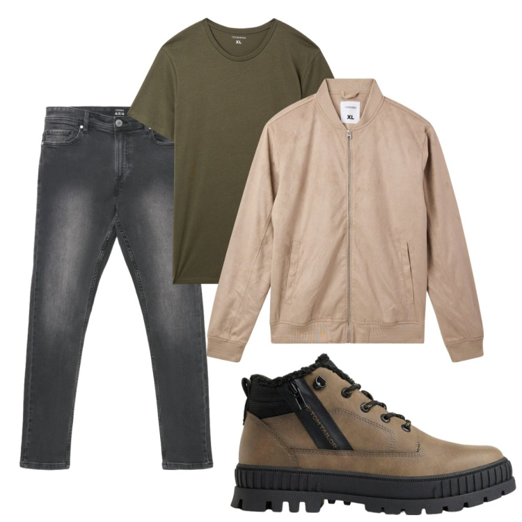 Outfit uomo - Total look #2493043. Stile Casual per Tutti i giorni. Abbinamento con bomber, t-shirt, jeans skinny, stivali e stivaletti.