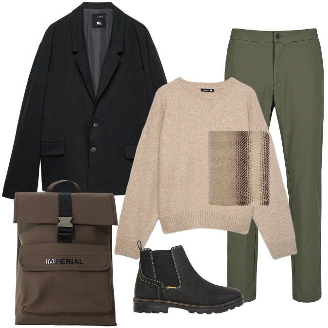 Outfit uomo - Lo Zaino Impermeabile nei toni Terra. Stile Casual per Ufficio. Abbinamento con borse sportive, sciarpe, pantaloni, maglieria, giacche, stivali e stivaletti.