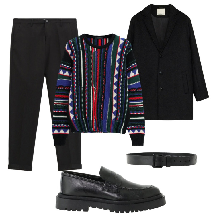 Outfit uomo - Il pullover colorato. Stile Trendy per Tutti i giorni. Abbinamento con maglieria, cinture, scarpe stringate, pantaloni, cappotti.