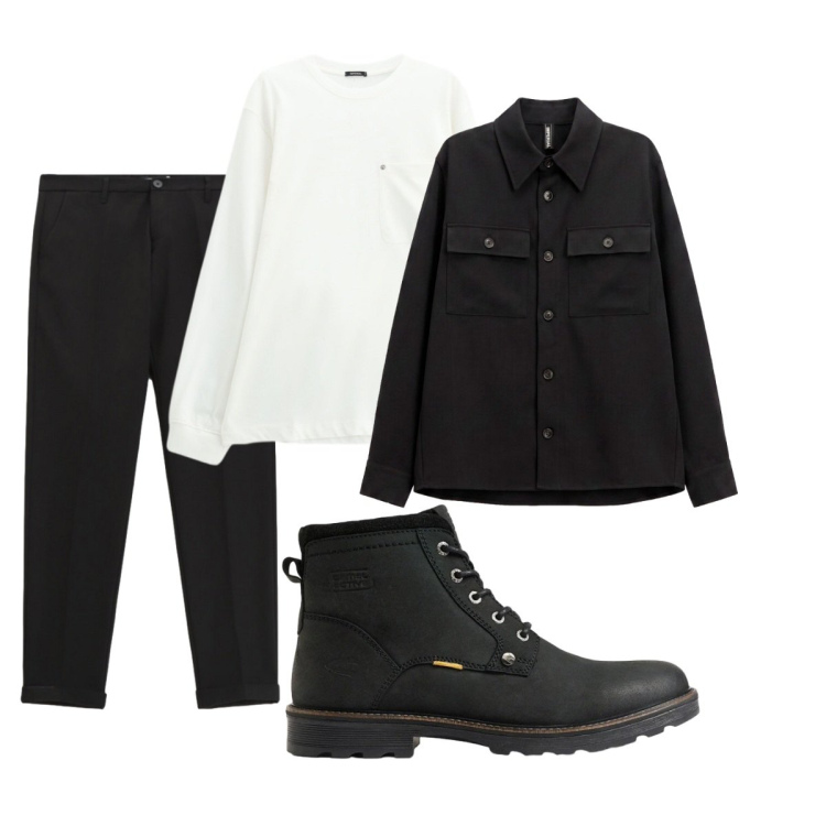 Outfit uomo - Total look #2493047. Stile Trendy per Tutti i giorni. Abbinamento con cappotti, t-shirt, pantaloni, stivali e stivaletti.