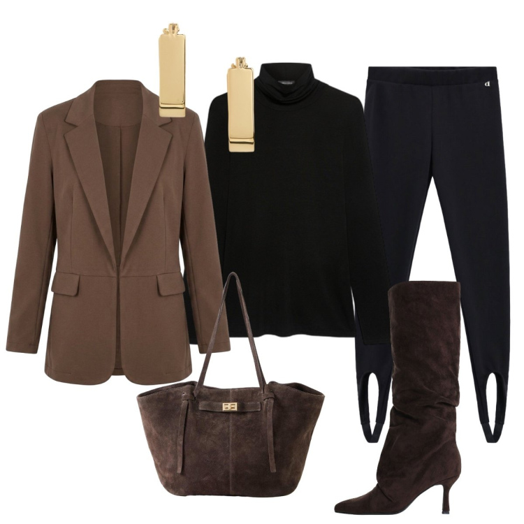 Outfit donna - Fine settimana fuori porta. Stile Glamour per Tutti i giorni. Abbinamento con maglieria, stivali, orecchini, pantaloni skinny, blazer, shopping bag.