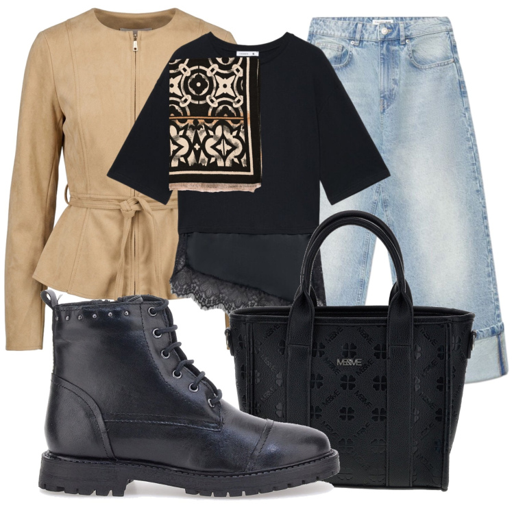Outfit donna - Weekend Out of Town. Stile Glamour per Tutti i giorni. Abbinamento con blazer, sciarpe, jeans, t-shirt, anfibi, borse a tracolla.