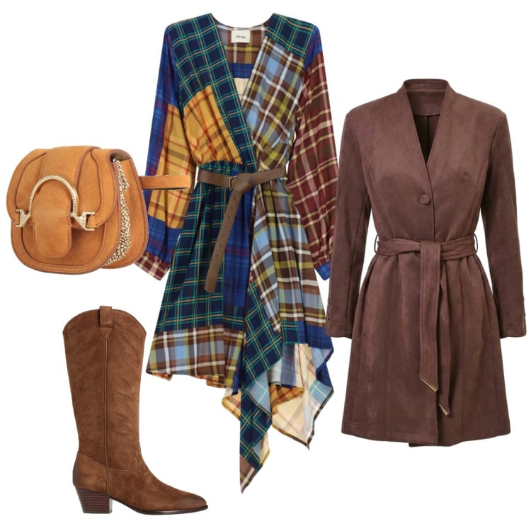 Outfit donna - Ottobre. Stile Trendy per Tutti i giorni. Abbinamento con vestiti asimmetrici, trench, marsupi, stivali.
