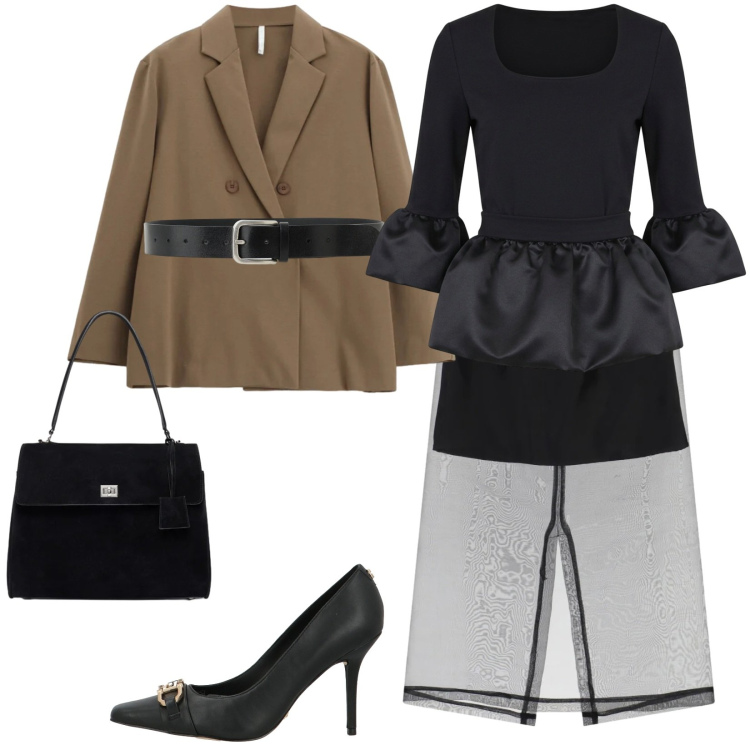 Outfit donna - D'impatto. Stile Chic per Serata fuori. Abbinamento con blazer, borse a mano, cinture, gonne longuette, bluse, décolleté.