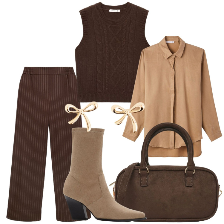 Outfit donna - Monocromo in marrone. Stile Casual per Ufficio. Abbinamento con pantaloni, maglieria, camicie, borse a tracolla, stivaletti, orecchini.