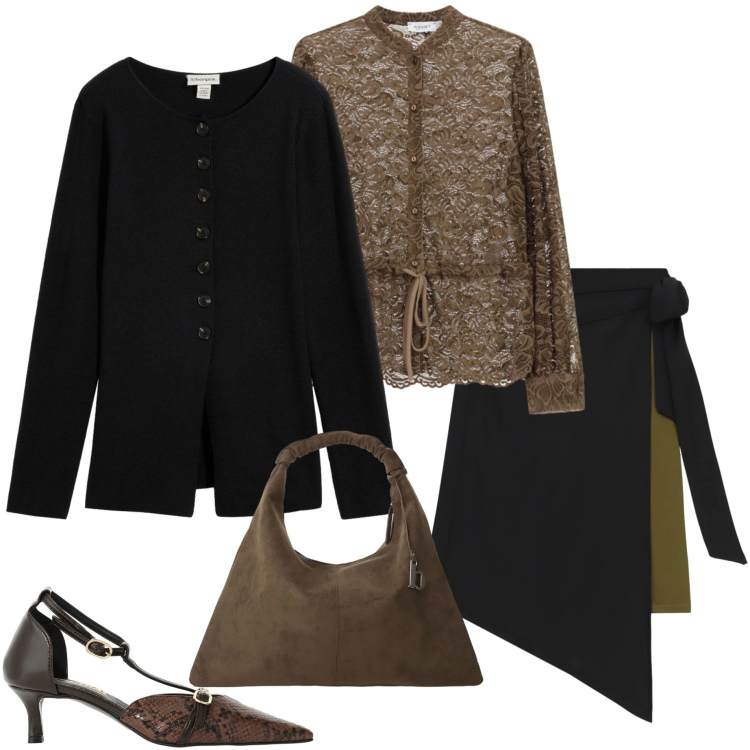 Outfit donna - Serata speciale. Stile Chic per Serata fuori. Abbinamento con décolleté, bluse, borse a spalla, gonne longuette, cardigans.