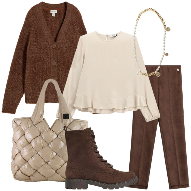 Outfit donna - Tessuti avvolgenti ad ottobre. Stile Basic per Tutti i giorni. Abbinamento con pantaloni, bluse, cinture, borse tote, anfibi, cardigans.