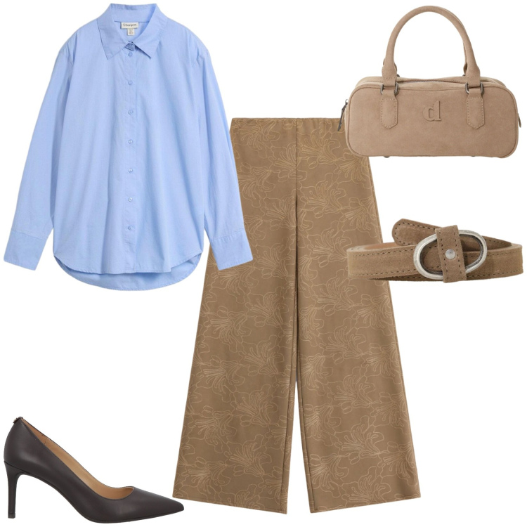 Outfit donna - Libertà di movimento. Stile Casual chic per Tutti i giorni. Abbinamento con pantaloni a palazzo, borse a mano, cinture, décolleté, camicie.