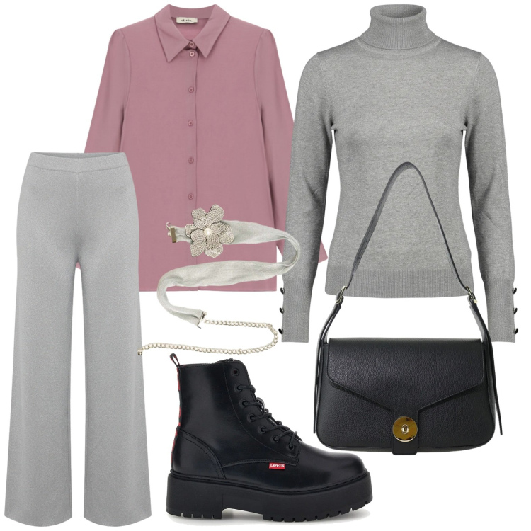 Outfit donna - Smart Layering Strategy. Stile Minimal per Tutti i giorni. Abbinamento con borse a spalla, camicie, cinture, pullovers, pantaloni a palazzo, anfibi.