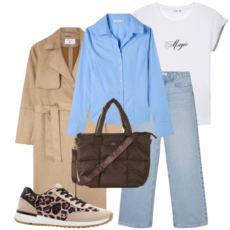 Outfit donna - Total look #2493063. Stile Casual chic per Tutti i giorni. Abbinamento con trench, camicie, jeans, t-shirt, sneakers, shopping bag.