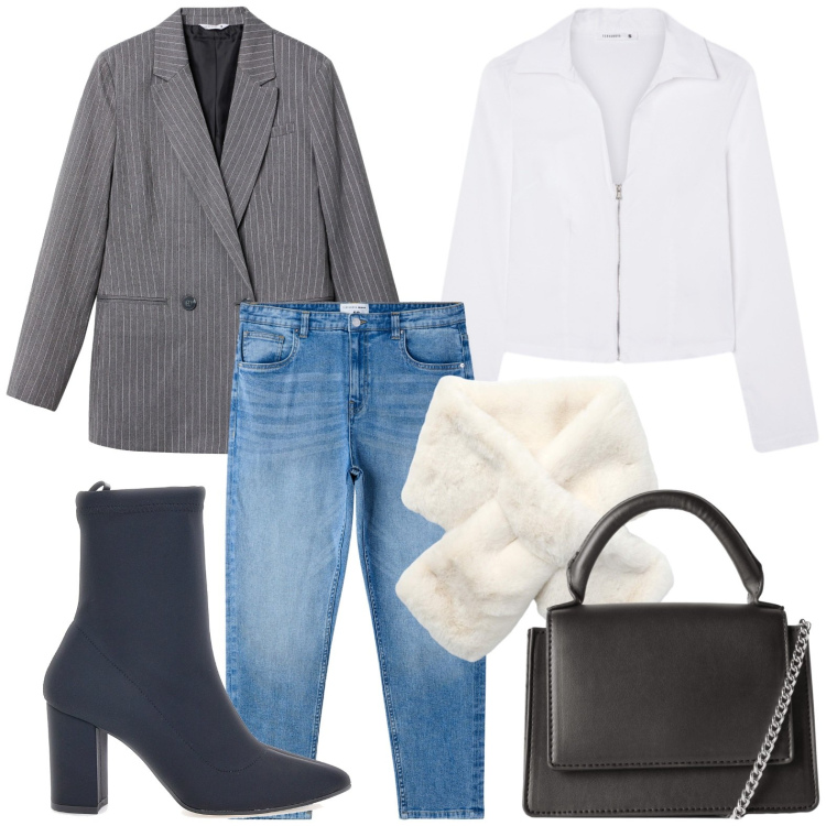 Outfit donna - Terranova - Fall Mid Season Sale. Stile Glamour per Tutti i giorni. Abbinamento con blazer, camicie, sciarpe, jeans mom, borse a tracolla, stivaletti.