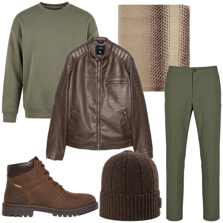 Outfit uomo - Toni del bosco e della terra. Stile Trendy per Tutti i giorni. Abbinamento con sciarpe, felpe, pantaloni, berretti, giacche, stivali e stivaletti.