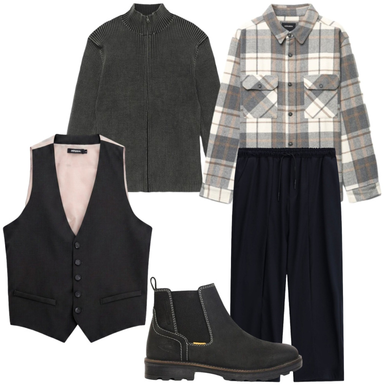 Outfit uomo - Maglieria e layering. Stile Trendy per Tutti i giorni. Abbinamento con gilet, pantaloni, camicie, cardigans, stivali e stivaletti.