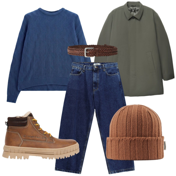 Outfit uomo - trench maschile. Stile Casual per Tutti i giorni. Abbinamento con jeans, cinture, maglieria, berretti, trench, stivali e stivaletti.
