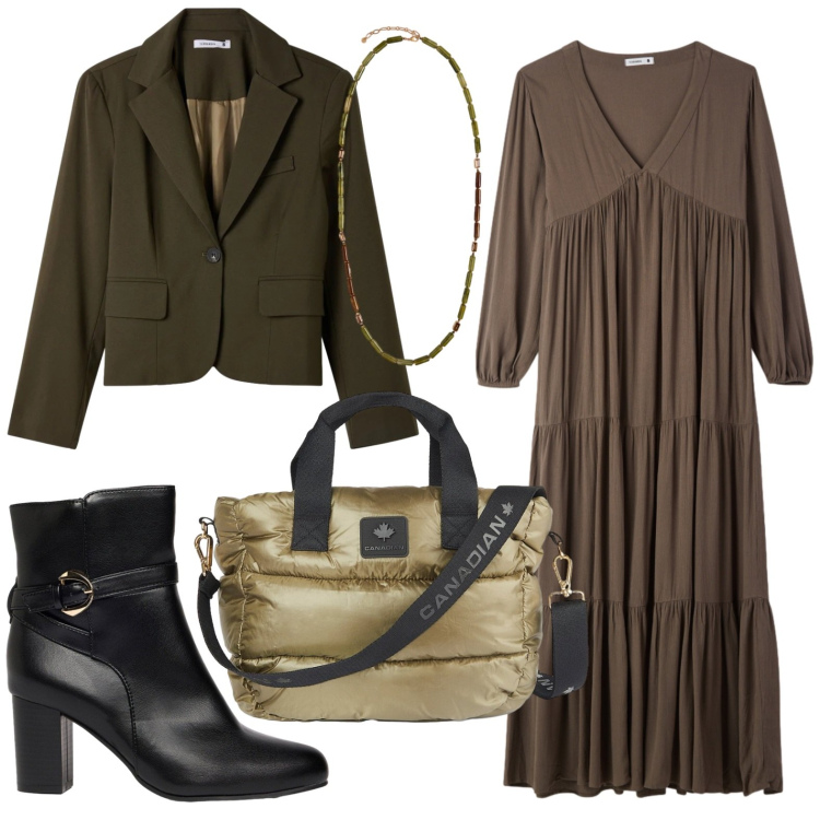 Outfit donna - Vestito a balze. Stile Trendy per Tutti i giorni. Abbinamento con collane, borse tote, vestiti lunghi, blazer, stivaletti.