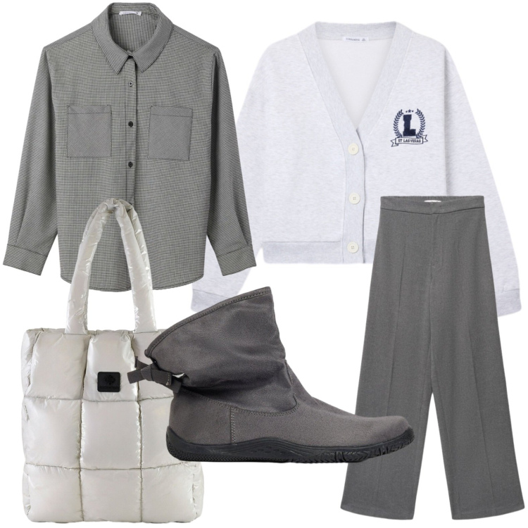 Outfit donna - Cardigan over. Stile Trendy per Tutti i giorni. Abbinamento con shopping bag, camicie, pantaloni, cardigans, stivaletti.
