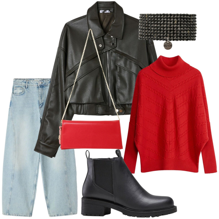 Outfit donna - Maglione collo alto. Stile Trendy per Tutti i giorni. Abbinamento con borse a tracolla, braccialetti, jeans, bomber, stivaletti, pullovers.