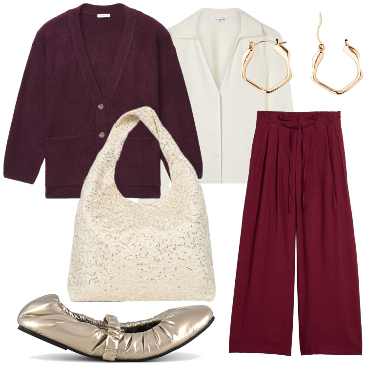 Outfit donna - Borsa hobo. Stile Urban per Tutti i giorni. Abbinamento con camicie, cardigans, borse a spalla, ballerine, orecchini, pantaloni.