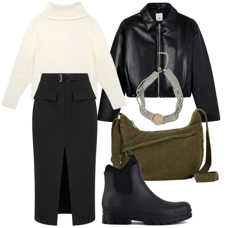 Outfit donna - Look rilassato. Stile Glamour per Tutti i giorni. Abbinamento con collane, gonne longuette, giacche, pullovers, stivali, borse a tracolla.