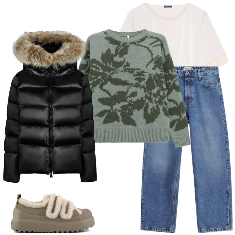 Outfit donna - Total look #2493088. Stile Glamour per Tutti i giorni. Abbinamento con maglieria, t-shirt, jeans dritti, piumini, sneakers.