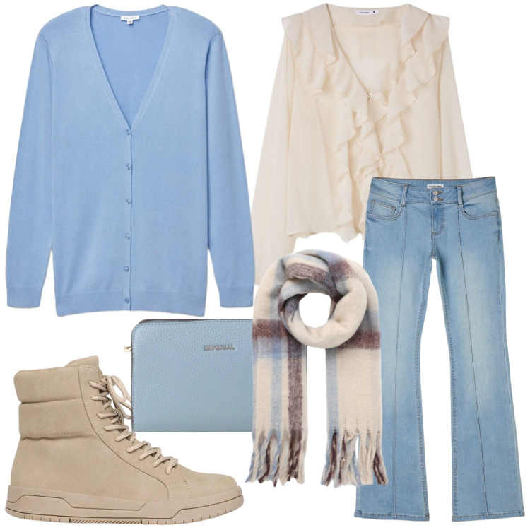Outfit donna - Camicia con balze. Stile Urban per Tutti i giorni. Abbinamento con borse a tracolla, cardigans, jeans a zampa, bluse, sciarpe, stivaletti.