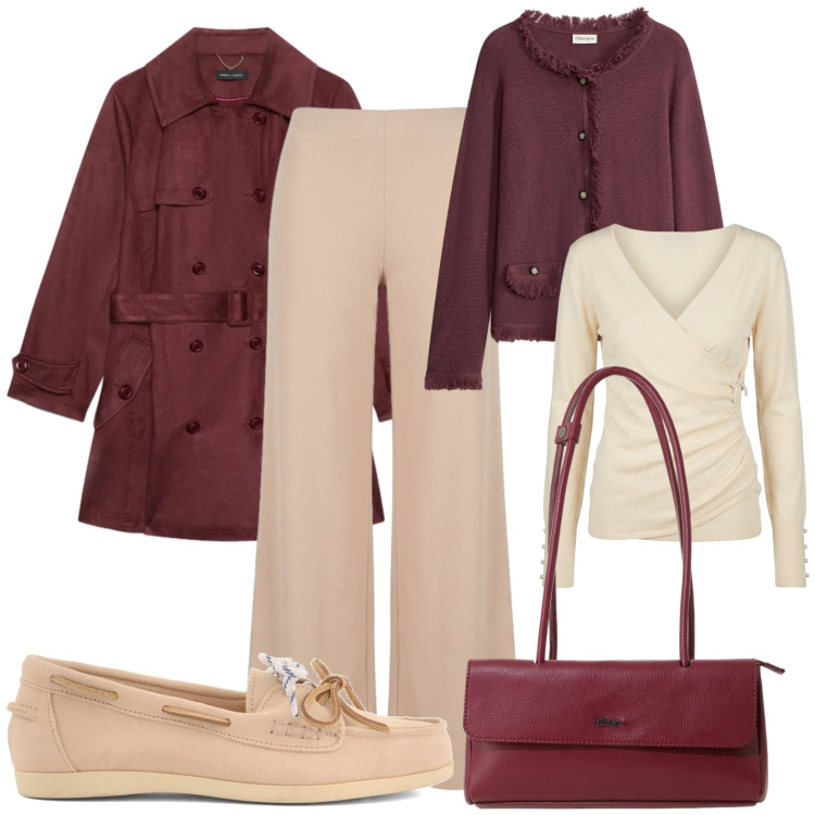 Outfit donna - Da mattino a sera - weekend fuori porta. Stile Casual chic per Tutti i giorni. Abbinamento con trench, borse a spalla, pantaloni a palazzo, t-shirt, cardigans, mocassini.