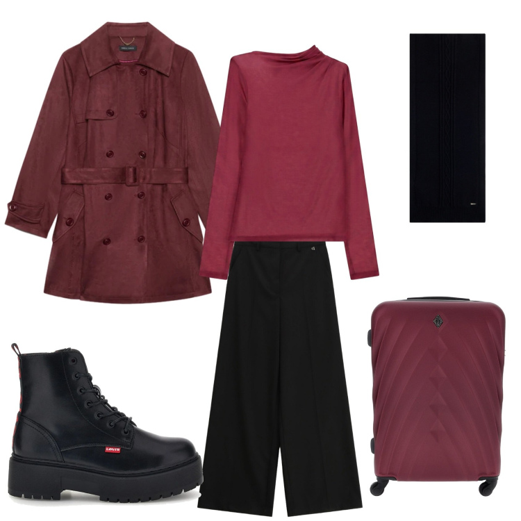 Outfit donna - Total look #2493112. Stile Casual per Tutti i giorni. Abbinamento con t-shirt, trench, sciarpe, pantaloni a palazzo, valigie, anfibi.