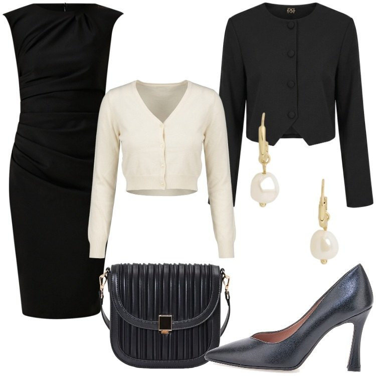 Outfit donna - La Capsule Wardrobe. Stile Bon Ton per Ufficio. Abbinamento con orecchini, vestiti a tubino, blazer, borse a tracolla, cardigans, décolleté.