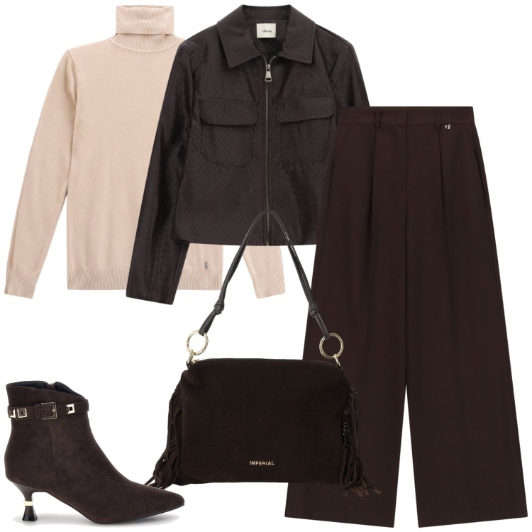 Outfit donna - La Capsule Wardrobe. Stile Casual chic per Tutti i giorni. Abbinamento con borse a spalla, pullovers, pantaloni a palazzo, cappotti, stivaletti.