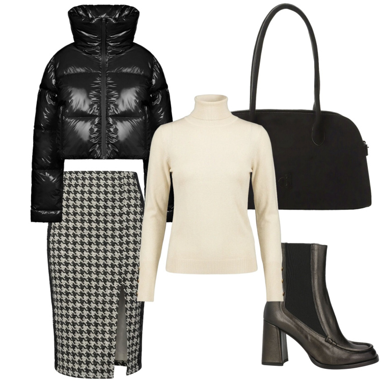 Outfit donna - Autunno. Stile Casual chic per Tutti i giorni. Abbinamento con borse a spalla, piumini, gonne lunghe, pullovers, stivaletti chelsea.