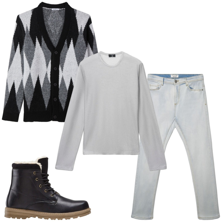 Outfit uomo - Total look #2493135. Stile Casual per Tutti i giorni. Abbinamento con cardigans, maglieria, jeans skinny, stivali e stivaletti.