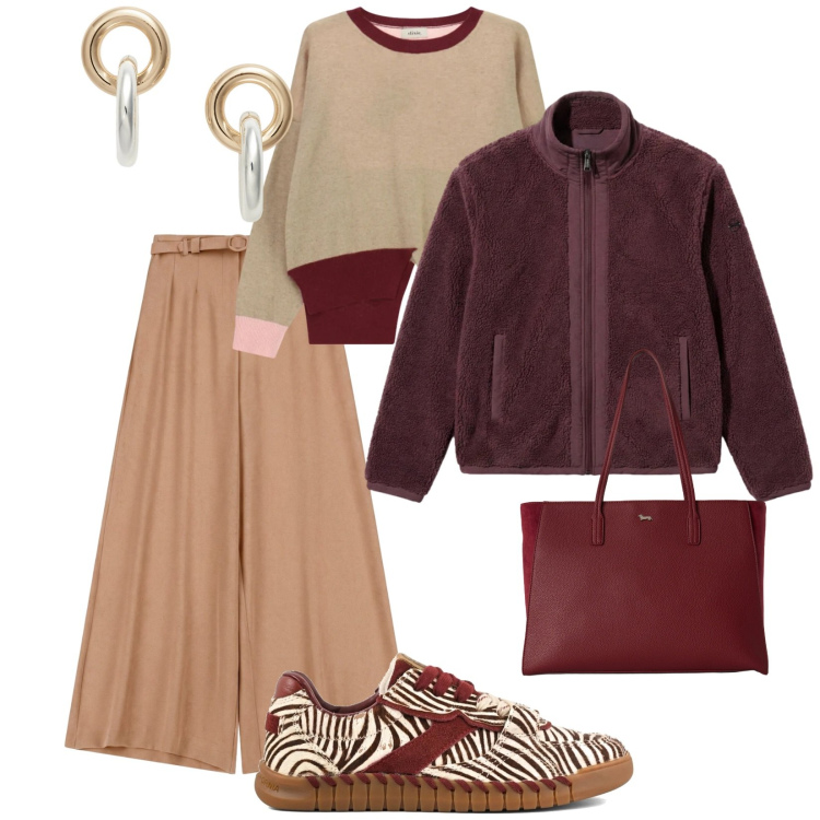 Outfit donna - Weekend. per Tutti i giorni. Abbinamento con shopping bag, pantaloni a palazzo, blazer, orecchini, maglieria, sneakers.