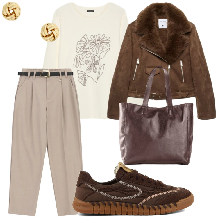Outfit donna - Weekend. per Tutti i giorni. Abbinamento con t-shirt, orecchini, pantaloni, giacche, shopping bag, sneakers.