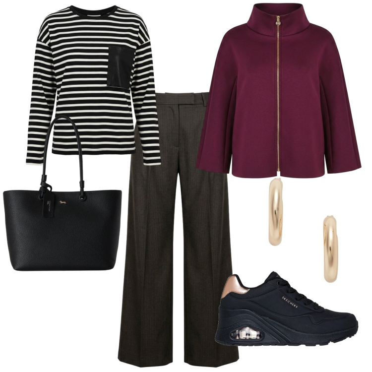 Outfit donna - Weekend. per Tutti i giorni. Abbinamento con shopping bag, orecchini, cappotti, felpe, pantaloni a palazzo, sneakers.