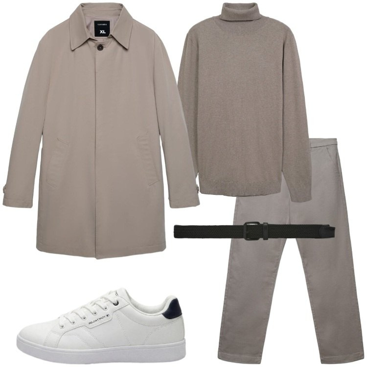 Outfit uomo - Il trench maschile. Stile Trendy per Ufficio. Abbinamento con maglieria, trench, cinture, pantaloni chino, sneakers.