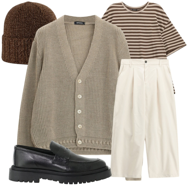 Outfit uomo - Everyday style. Stile Trendy per Tutti i giorni. Abbinamento con pantaloni, cardigans, scarpe stringate, t-shirt, berretti.