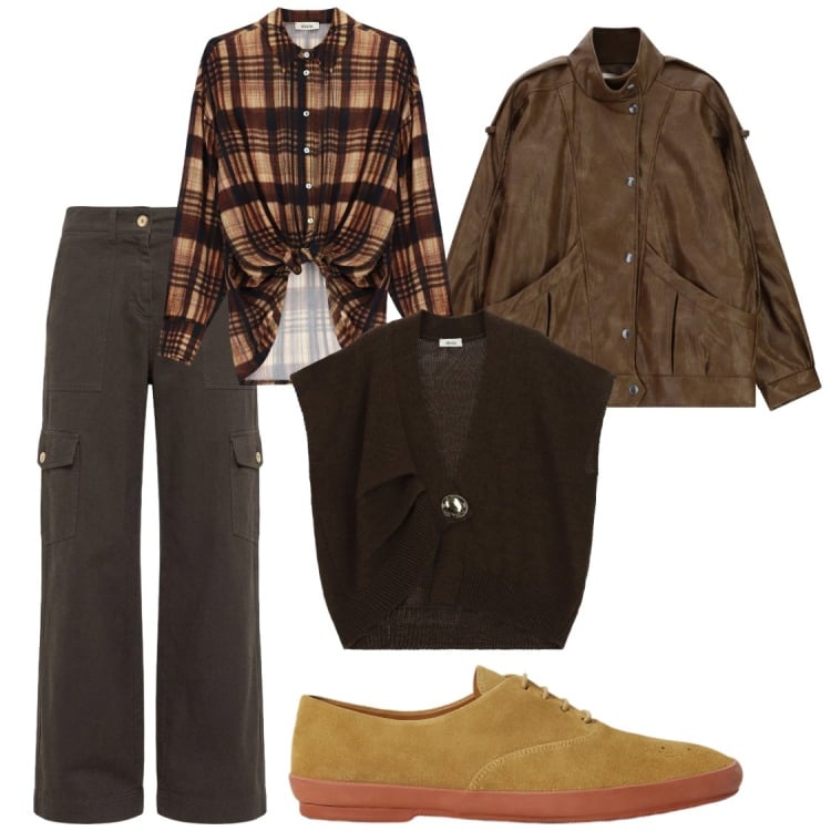 Outfit donna - Agriturismo weekend. Stile Casual chic per Tutti i giorni. Abbinamento con pantaloni cargo, sneakers, blazer, camicie, maglieria.