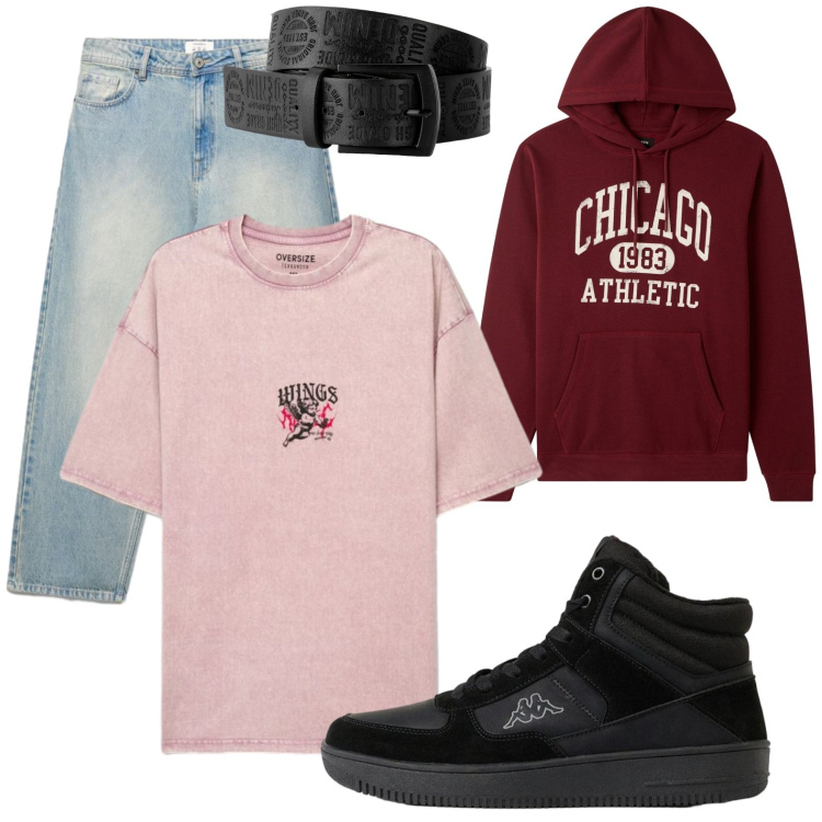 Outfit uomo - A scuola in autunno. Stile Casual per Tutti i giorni. Abbinamento con felpe con cappuccio, t-shirt, jeans, cinture, sneakers alte.