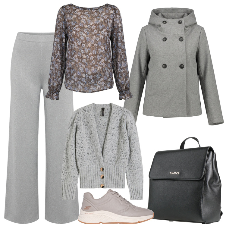 Outfit donna - Domenica all'Ottobrata. Stile Casual per Tutti i giorni. Abbinamento con cappotti, pantaloni a palazzo, bluse, zaini, cardigans, sneakers.