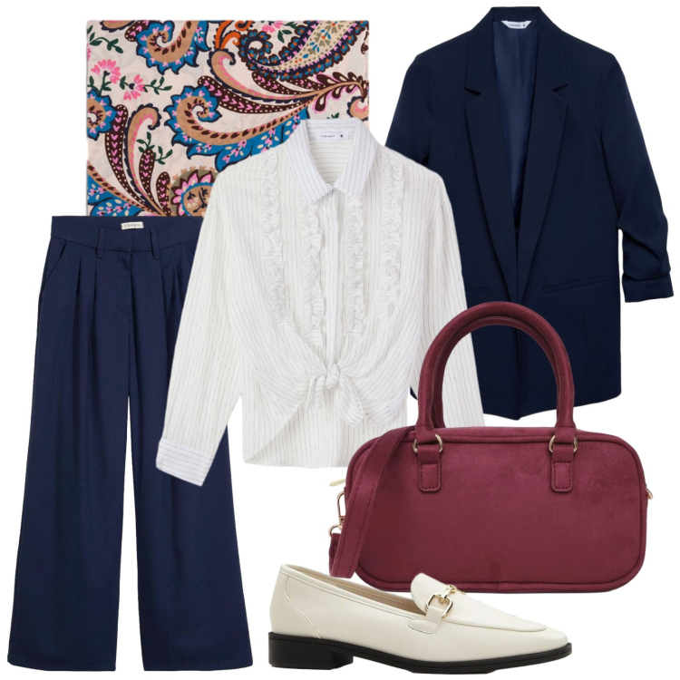Outfit donna - Foulard di carattere. Stile Casual per Tutti i giorni. Abbinamento con foulard, camicie, blazer, borse a tracolla, mocassini, pantaloni.